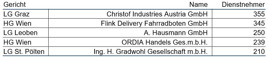 Top 5 Firmeninsolvenzen 2022 nach Dienstnehmern